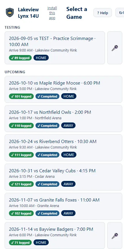 The bench app's game list on a phone: the practice scrimmage to try things in, then the season's games